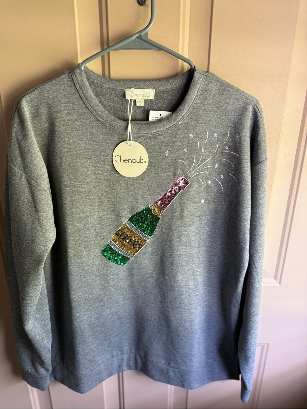 Chenault Gray Crewneck Sweater with Sequin Champagne Bottle